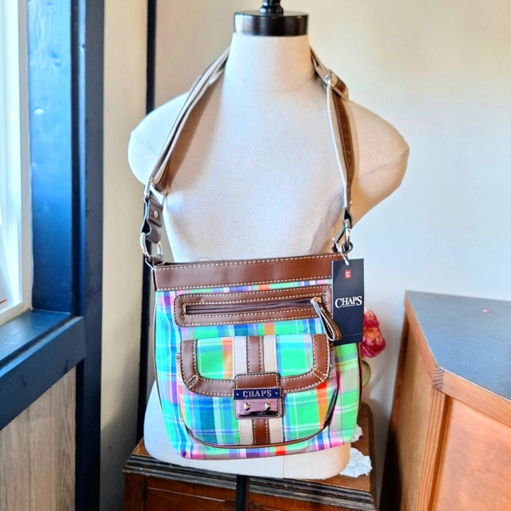 Chaps "Marcie" Canvas Crossbody "Canoa Green" Plaid Bag, Style322PDA50CO, NWT